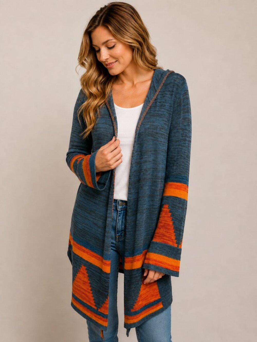 Double Zero Size L Hooded Open Front Cardigan Knit Blue Orange Aztec Boho Fall